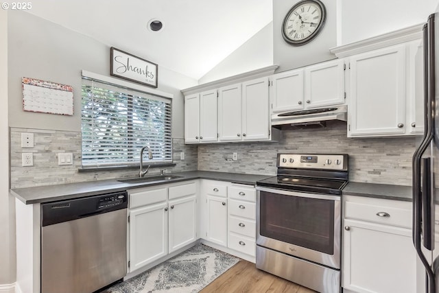 kitchen featuring vaulted ceiling, stainless steel appliances, white cabinetry, and sink