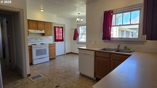 708 W Fourth Plain Blvd, Vancouver, WA 98660 - kitchen with a sink, under cabinet range hood, white appliances, a notable chandelier, and visible vents