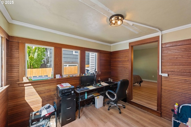 office space with light wood-type flooring, ornamental molding, and wooden walls