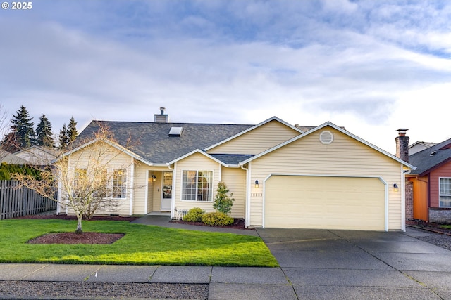 ranch-style home featuring a garage and a front yard