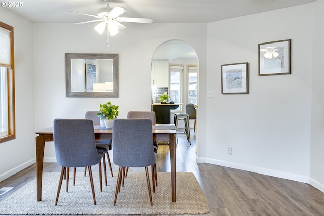 dining area with ceiling fan and light wood-type flooring