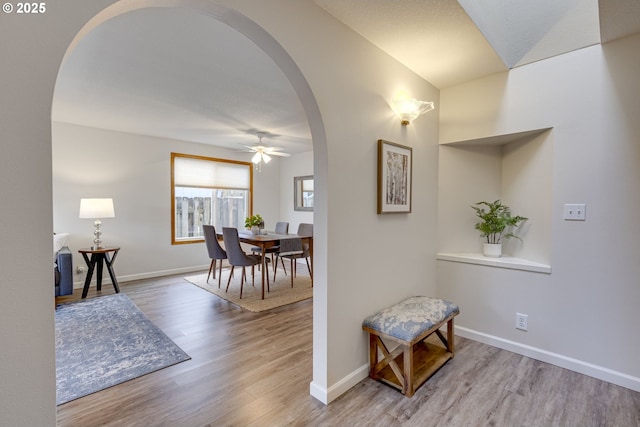 interior space featuring ceiling fan and light wood-type flooring