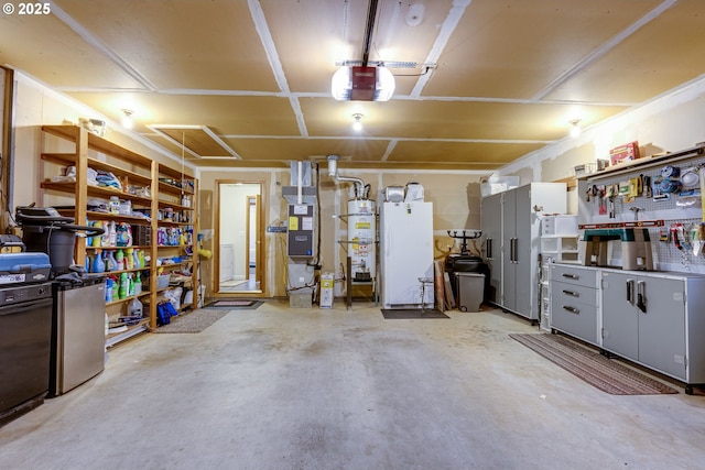 garage featuring gas water heater, white fridge, and a garage door opener