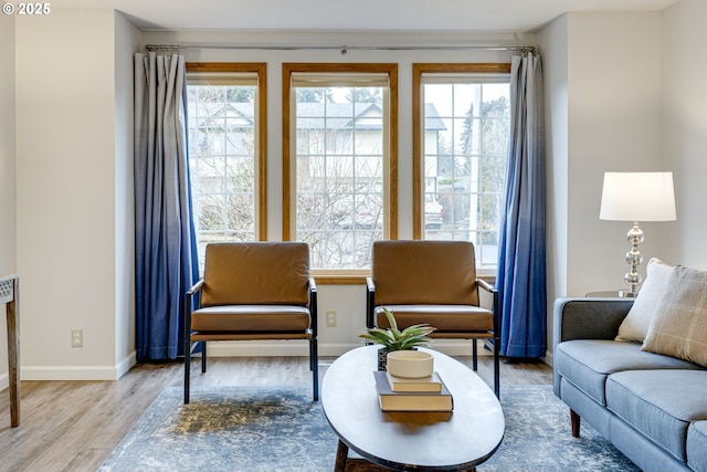 living area with plenty of natural light and wood-type flooring