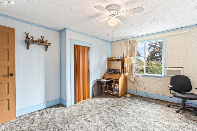 3235 NE 65th Ave, Portland, OR 97213 - office space with a textured ceiling, carpet floors, a ceiling fan, cooling unit, and wallpapered walls