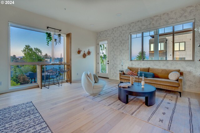 living room with light hardwood / wood-style flooring