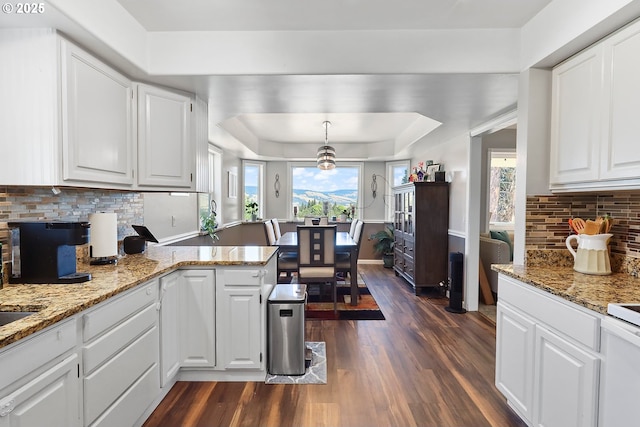 kitchen with hanging light fixtures, dark hardwood / wood-style flooring, a tray ceiling, kitchen peninsula, and white cabinets