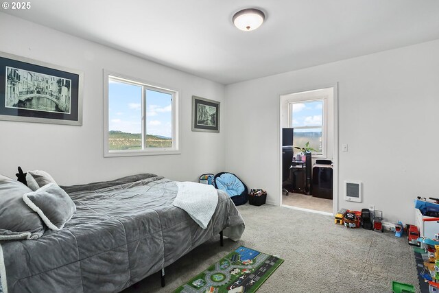 carpeted bedroom featuring multiple windows and heating unit