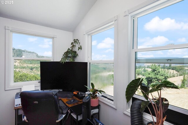 home office featuring lofted ceiling