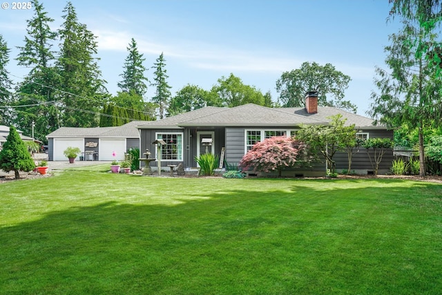 2472 Willamina Ave, Forest Grove, OR 97116 - back of property with a chimney, a garage, and a lawn