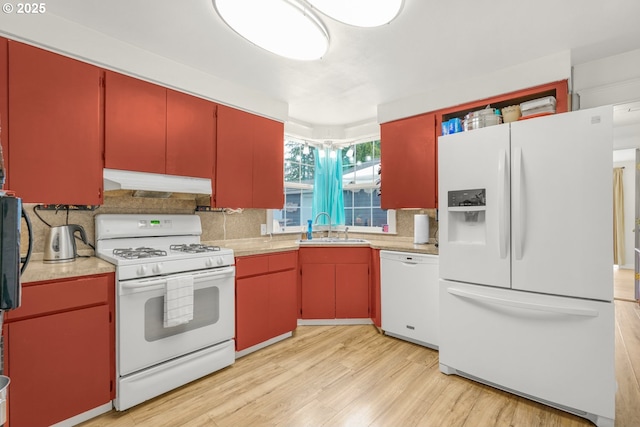 2472 Willamina Ave, Forest Grove, OR 97116 - kitchen with white appliances, red cabinets, under cabinet range hood, and a sink