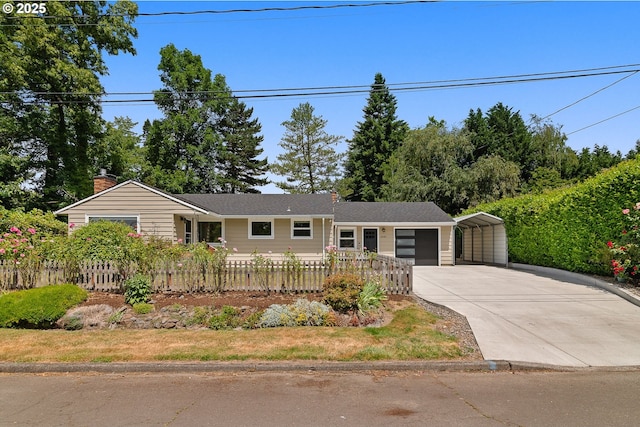 4545 SW Poplar Ln, Portland, OR 97225 - ranch-style home featuring driveway, a fenced front yard, a chimney, and an attached garage
