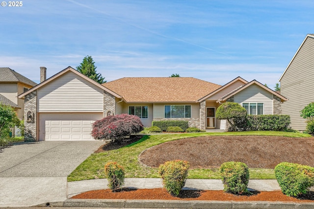 12459 SE Imperial Crest St, Happy Valley, OR 97086 - ranch-style home featuring concrete driveway, a garage, brick siding, roof with shingles, and a front lawn