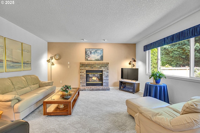 12459 SE Imperial Crest St, Happy Valley, OR 97086 - carpeted living room with a textured ceiling and a brick fireplace