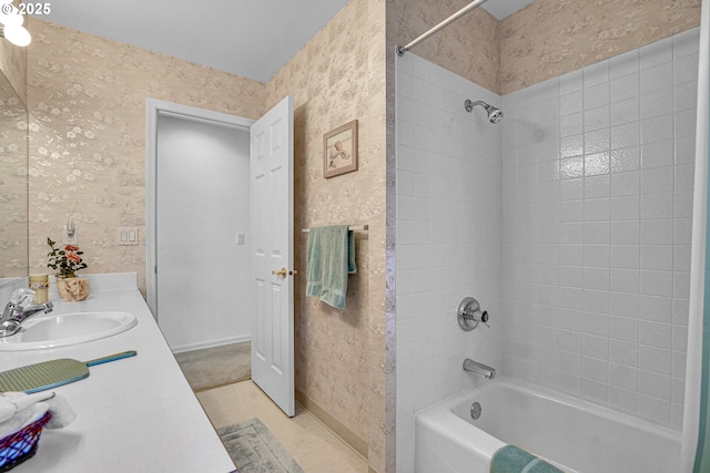12459 SE Imperial Crest St, Happy Valley, OR 97086 - bathroom with wallpapered walls, shower / tub combination, vanity, and baseboards