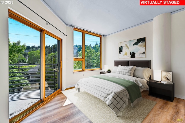 bedroom featuring access to exterior and light wood-type flooring