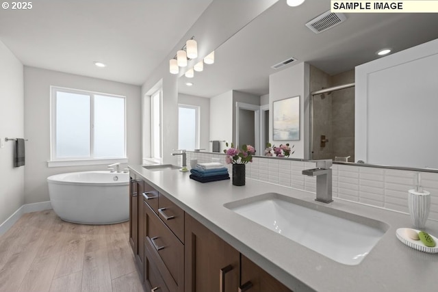 3831 S Arwana Ln, Ridgefield, WA 98642 - bathroom featuring a sink, a shower stall, wood finished floors, and visible vents