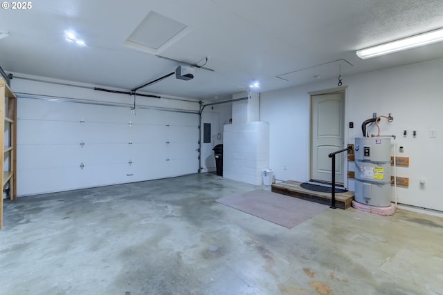 garage with a garage door opener, electric panel, and water heater