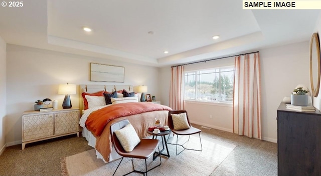 carpeted bedroom with a tray ceiling