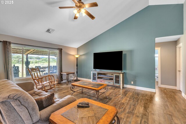 222 Twin Springs Ln, Roseburg, OR 97470 - living room featuring wood finished floors, a ceiling fan, high vaulted ceiling, and baseboards