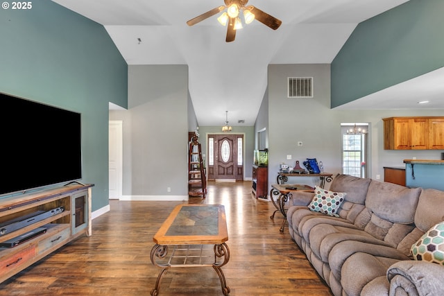 222 Twin Springs Ln, Roseburg, OR 97470 - living area featuring high vaulted ceiling, a ceiling fan, baseboards, and wood finished floors