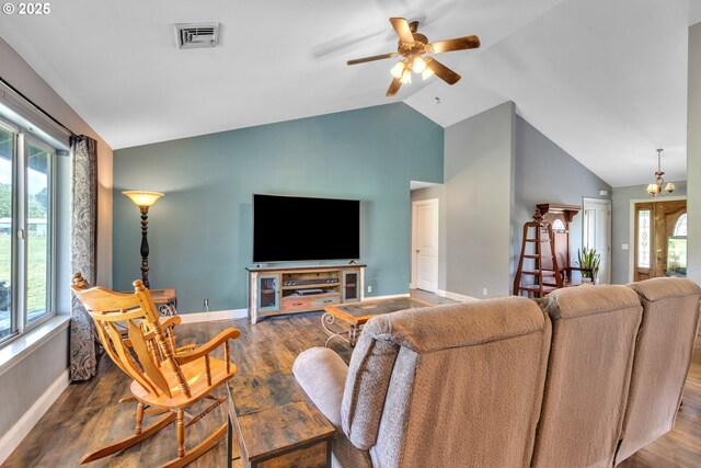 222 Twin Springs Ln, Roseburg, OR 97470 - living area featuring wood finished floors, a ceiling fan, high vaulted ceiling, baseboards, and a chandelier