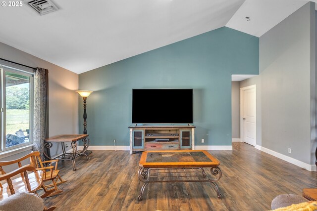 222 Twin Springs Ln, Roseburg, OR 97470 - living room with wood finished floors, baseboards, and high vaulted ceiling