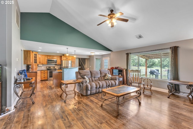 222 Twin Springs Ln, Roseburg, OR 97470 - living area featuring a ceiling fan, wood finished floors, high vaulted ceiling, and recessed lighting