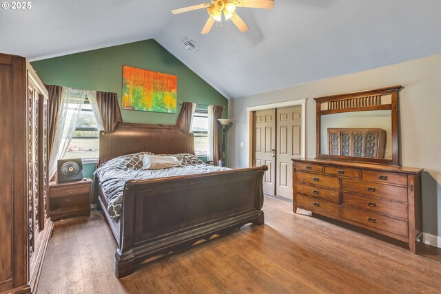222 Twin Springs Ln, Roseburg, OR 97470 - bedroom with lofted ceiling, wood finished floors, ceiling fan, and a closet
