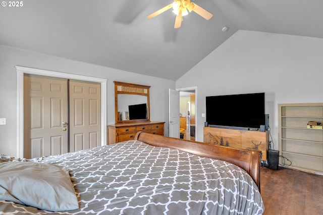 222 Twin Springs Ln, Roseburg, OR 97470 - bedroom featuring wood finished floors, a closet, ceiling fan, and high vaulted ceiling