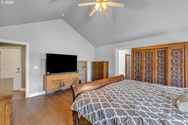 222 Twin Springs Ln, Roseburg, OR 97470 - bedroom featuring wood finished floors, baseboards, ceiling fan, and high vaulted ceiling