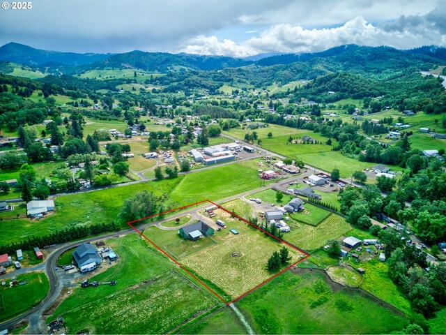 222 Twin Springs Ln, Roseburg, OR 97470 - aerial view of property and surrounding area with a mountainous background and property parcel outlined