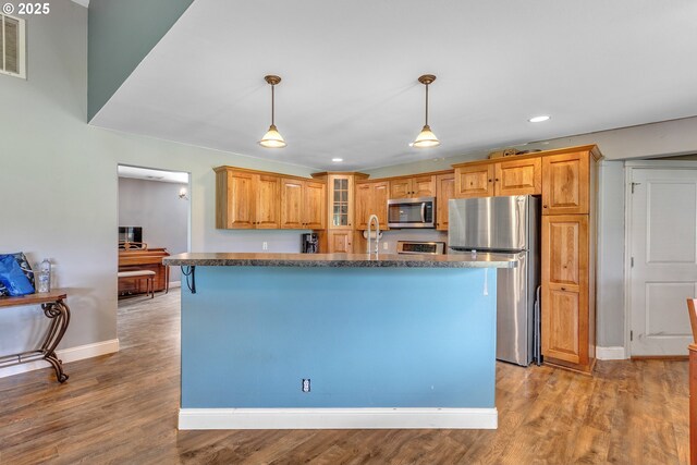 222 Twin Springs Ln, Roseburg, OR 97470 - kitchen featuring appliances with stainless steel finishes, baseboards, hanging light fixtures, glass insert cabinets, and wood finished floors