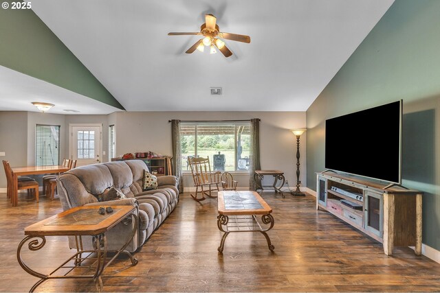 222 Twin Springs Ln, Roseburg, OR 97470 - living area with a ceiling fan, healthy amount of natural light, wood finished floors, and high vaulted ceiling