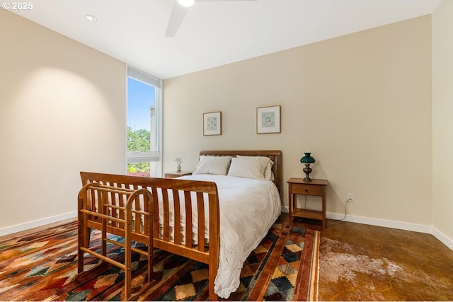 13440 SW Mccabe Chapel Rd, Mcminnville, OR 97128 - bedroom with baseboards, concrete floors, recessed lighting, and a ceiling fan