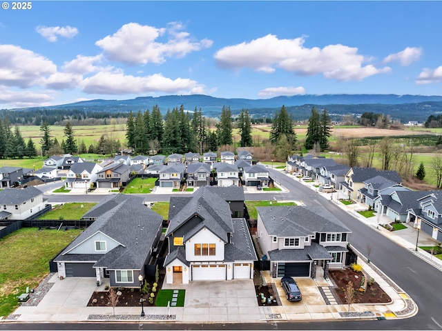 birds eye view of property featuring a mountain view and a residential view