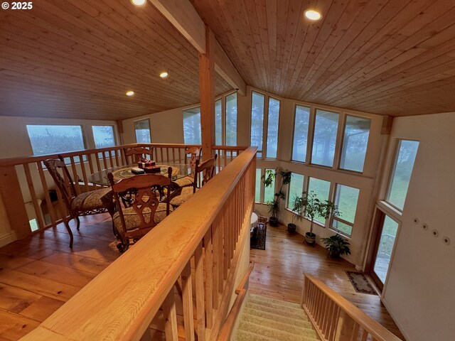 31640 Spruce Dr, Gold Beach, OR 97444 - stairs with hardwood / wood-style floors, wood ceiling, vaulted ceiling, and recessed lighting