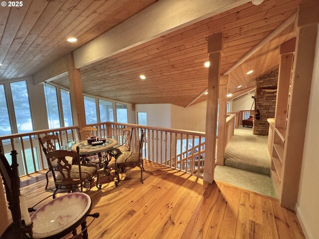 31640 Spruce Dr, Gold Beach, OR 97444 - interior space with lofted ceiling with beams, recessed lighting, wooden ceiling, and hardwood / wood-style flooring