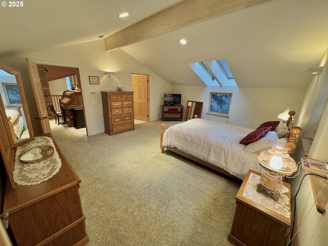 31640 Spruce Dr, Gold Beach, OR 97444 - bedroom featuring carpet flooring, lofted ceiling with skylight, and recessed lighting