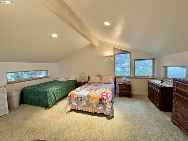 31640 Spruce Dr, Gold Beach, OR 97444 - bedroom featuring vaulted ceiling with beams, light colored carpet, baseboards, and recessed lighting