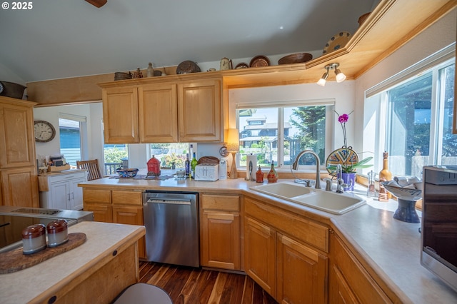 kitchen featuring a sink, dishwasher, light countertops, dark wood finished floors, and lofted ceiling