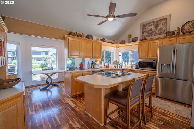kitchen featuring light countertops, a center island, stainless steel appliances, and dark wood-type flooring