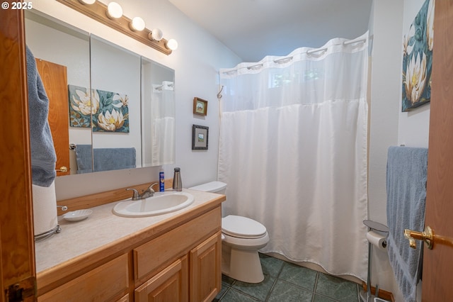 full bath with toilet, a shower with shower curtain, tile patterned flooring, and vanity