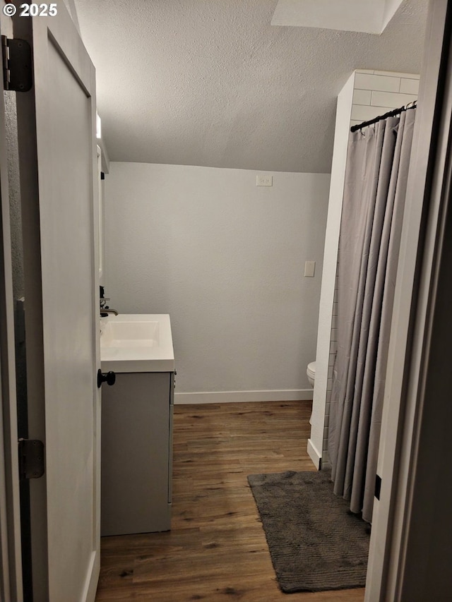 bathroom featuring baseboards, vanity, a textured ceiling, and wood finished floors