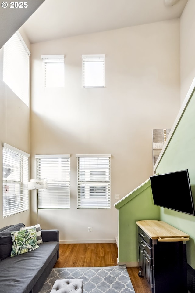 living room featuring baseboards, wood finished floors, and a towering ceiling