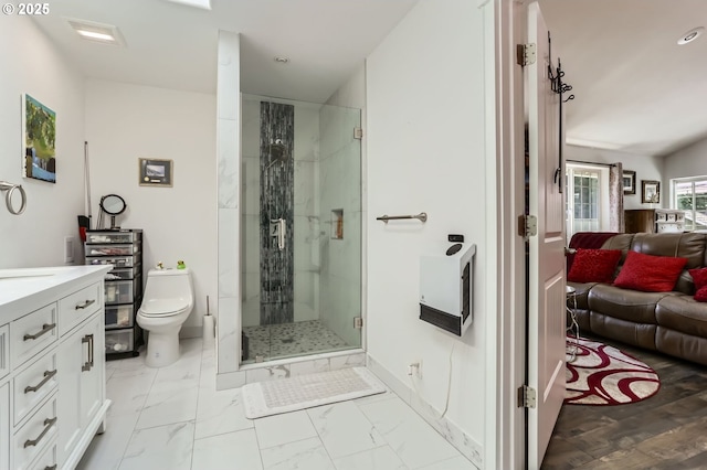 16500 SW Satterberg Rd, Beaverton, OR 97007 - full bathroom with toilet, a stall shower, marble look tile flooring, vanity, and recessed lighting