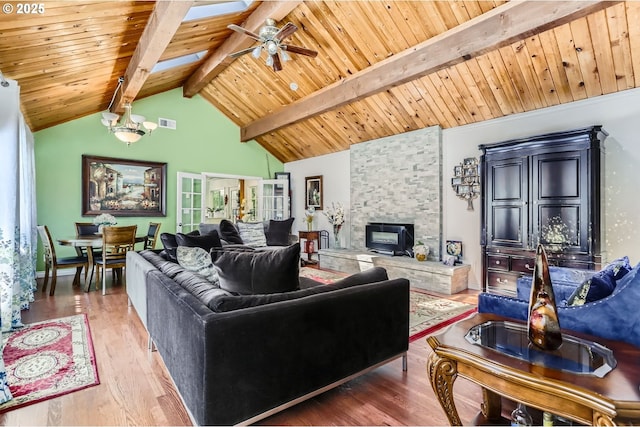 16500 SW Satterberg Rd, Beaverton, OR 97007 - living area featuring wood ceiling, ceiling fan, wood finished floors, a stone fireplace, and baseboards
