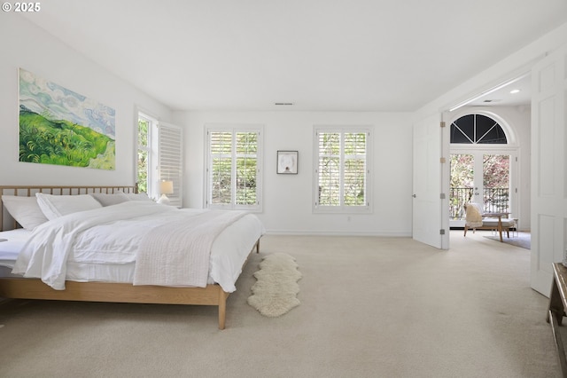 bedroom featuring carpet floors, baseboards, and multiple windows