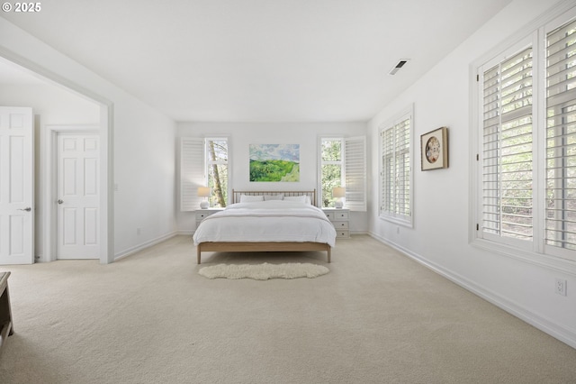 bedroom with carpet floors, visible vents, and baseboards