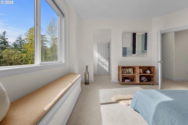 bedroom with light carpet and baseboards